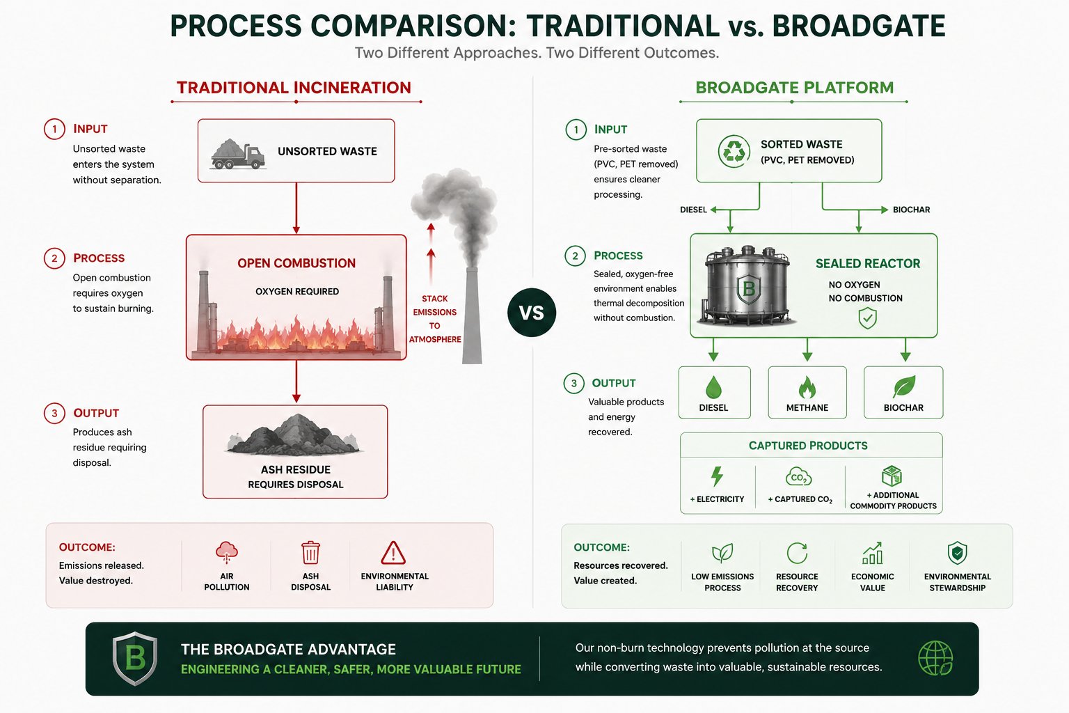 Process Comparison showing Traditional Incineration versus Broadgate Platform with detailed workflow from input through output